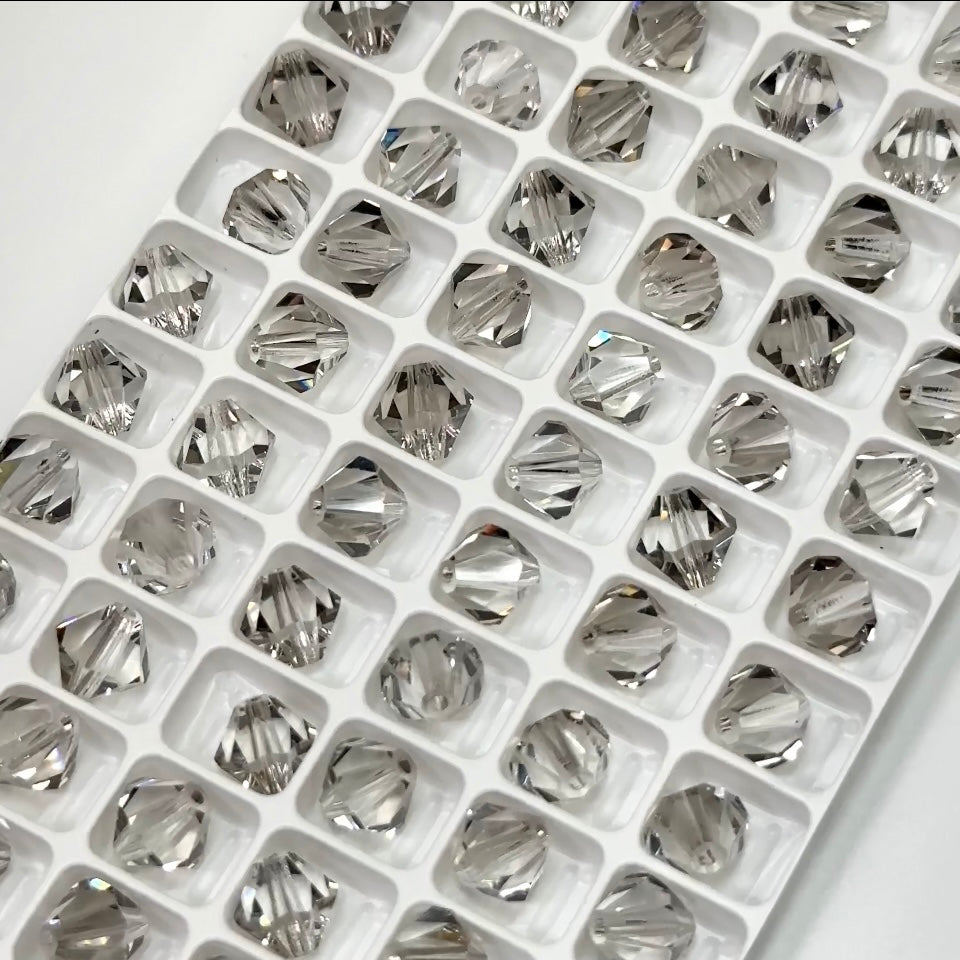 Crystal Velvet coated (Preciosa color), Czech Glass Beads, Machine Cut Bicones (MC Rondell, Diamond Shape), clear light grey coated crystals, 8mm