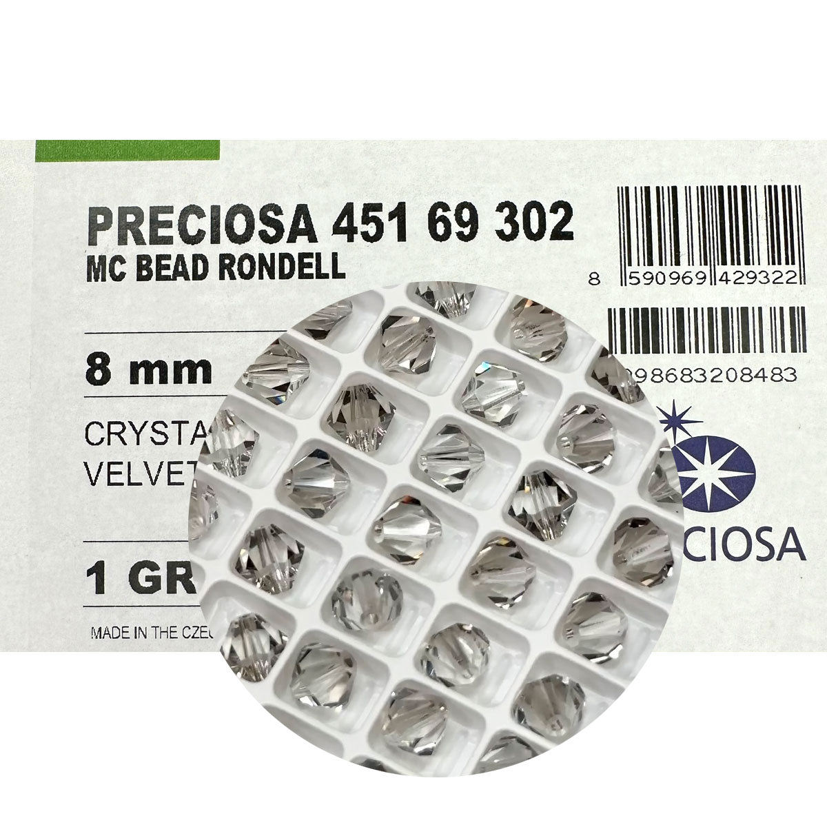 Crystal Velvet coated (Preciosa color), Czech Glass Beads, Machine Cut Bicones (MC Rondell, Diamond Shape), clear light grey coated crystals, 8mm