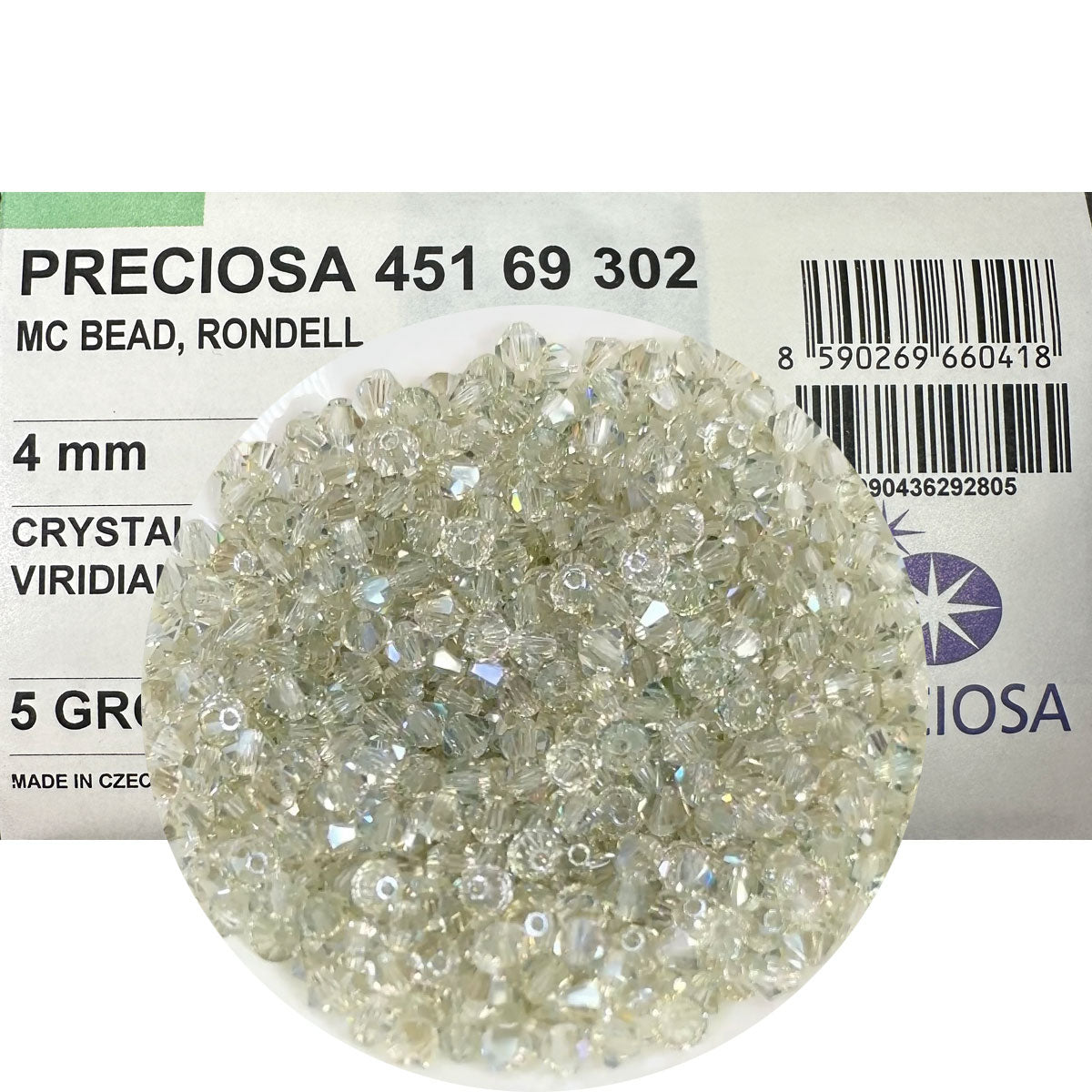 Crystal Viridian coated (Preciosa color), Czech Glass Beads, Machine Cut Bicones (MC Rondell, Diamond Shape), clear light green coated crystals, 4mm, 8mm