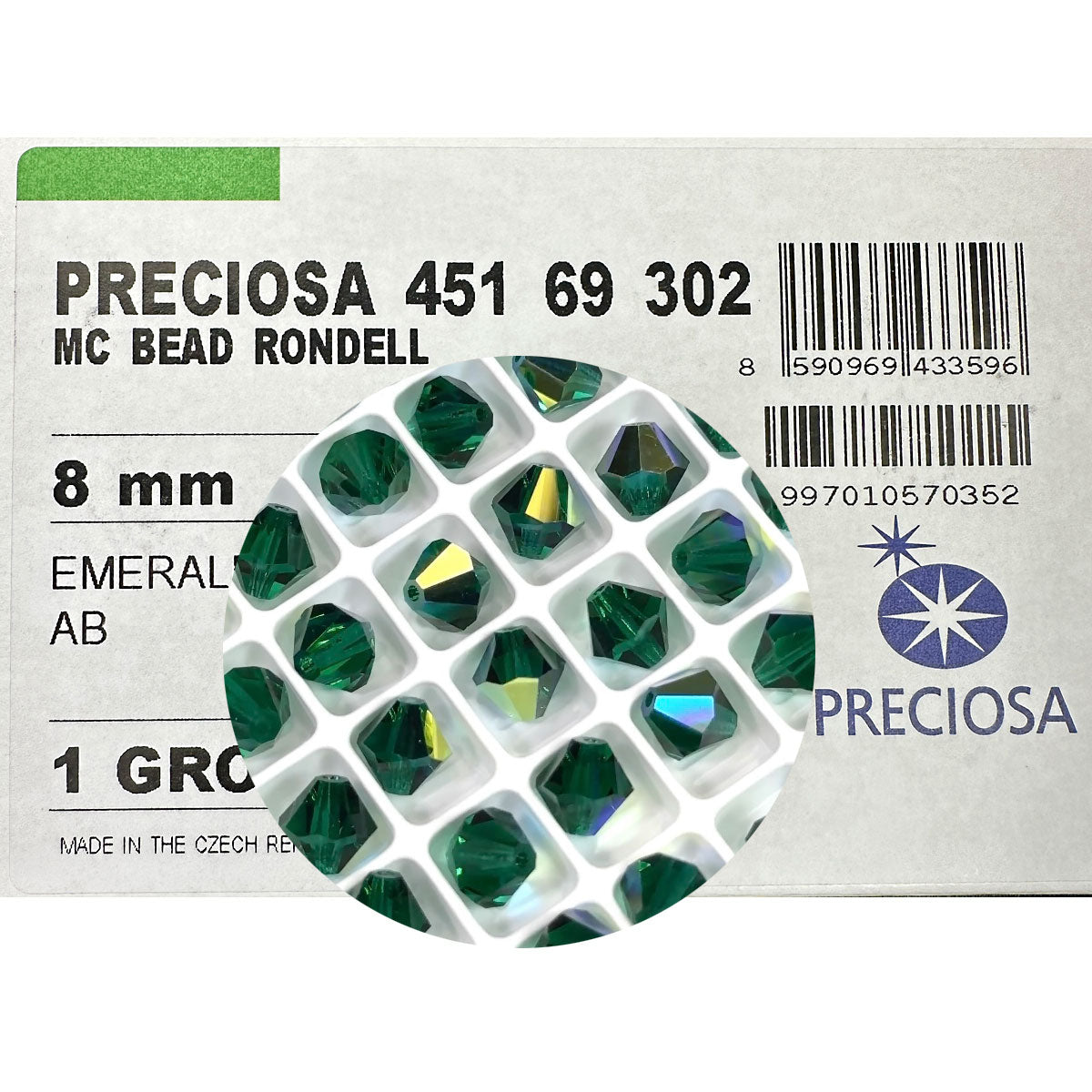 Emerald AB, Czech Glass Beads, Machine Cut Bicones (MC Rondell, Diamond Shape), dark green crystals coated with Aurora Borealis