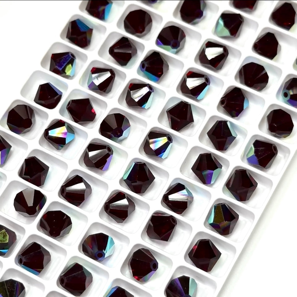 Garnet AB, Czech Glass Beads, Machine Cut Bicones (MC Rondell, Diamond Shape), deep red crystals coated with Aurora Borealis 4mm 6mm 8mm