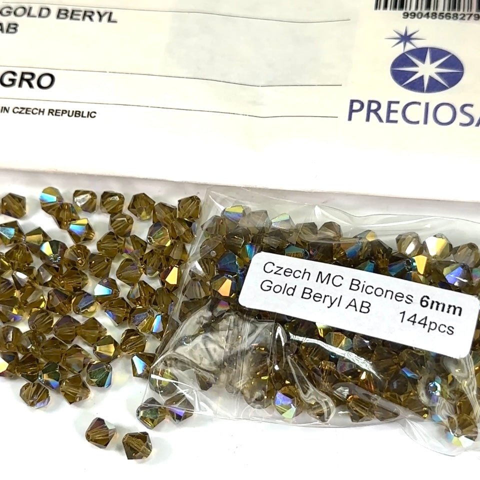 Gold Beryl AB Czech Glass Beads Machine Cut Bicones MC Rondell Diamond Shape 6mm brown green khaki coated with Aurora Boreale