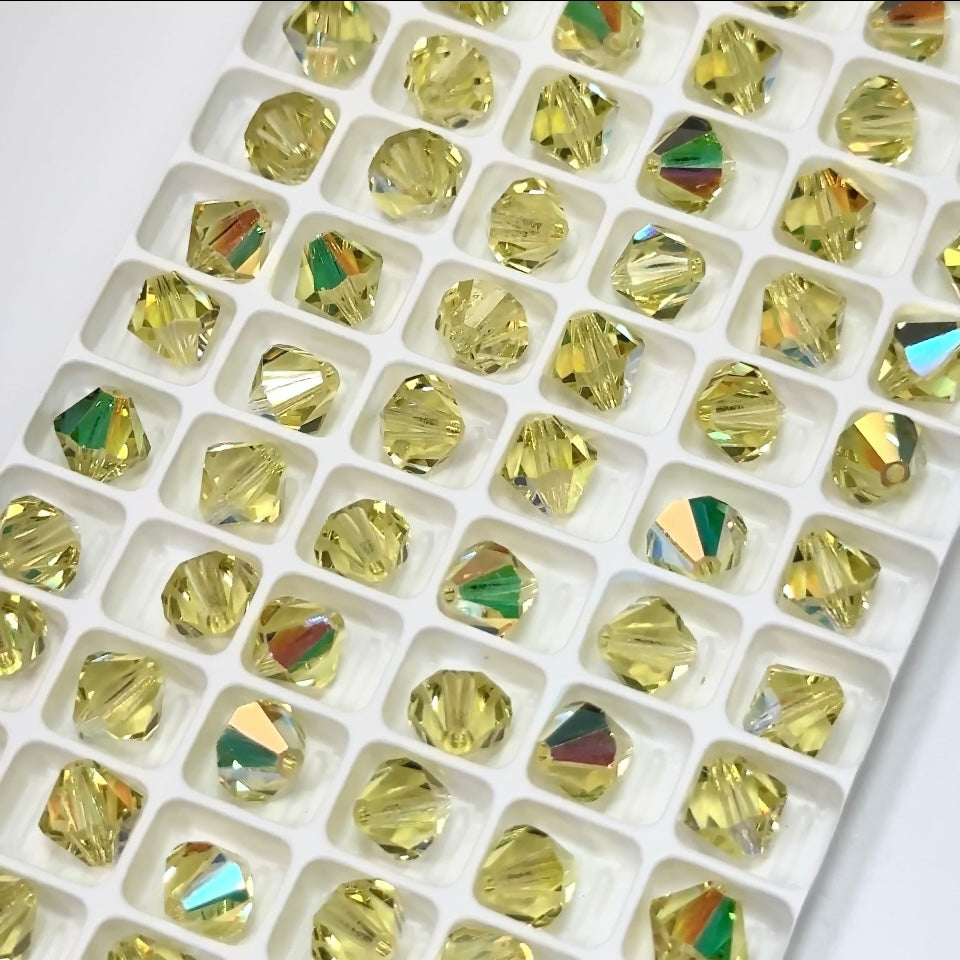 Jonquil AB, Czech Glass Beads, Machine Cut Bicones (MC Rondell, Diamond Shape), light yellow crystals coated with Aurora Borealis, 8mm 10mm
