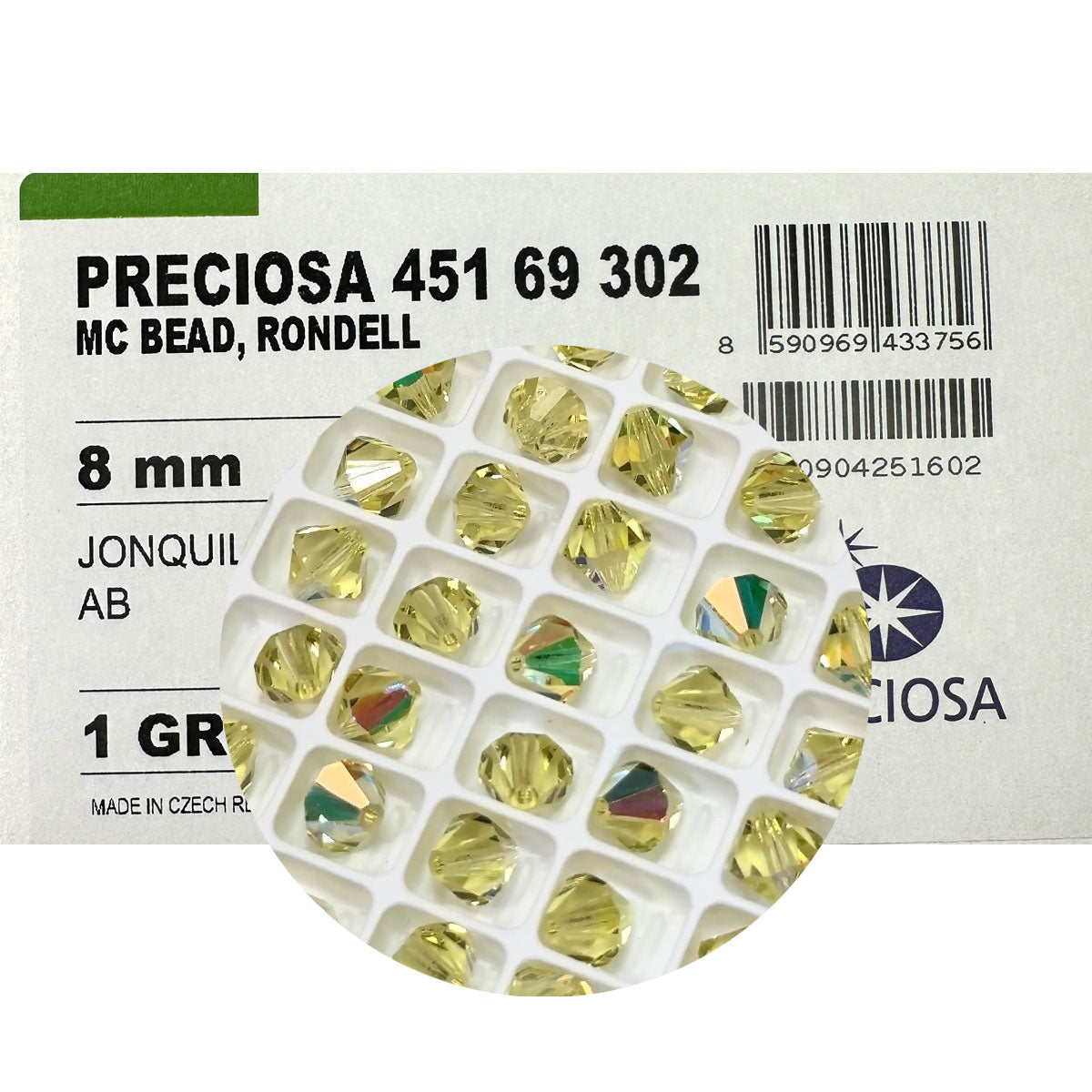 Jonquil AB, Czech Glass Beads, Machine Cut Bicones (MC Rondell, Diamond Shape), light yellow crystals coated with Aurora Borealis, 8mm 10mm