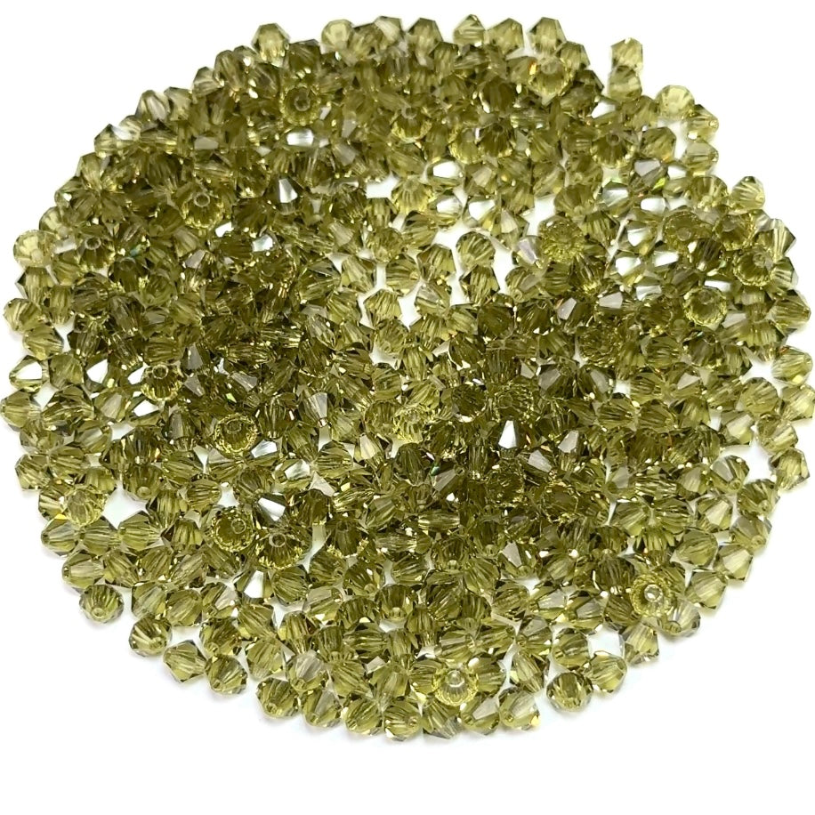 Khaki Czech Glass Beads, Machine Cut Bicones (MC Rondell Diamond Shape) green beige 4mm
