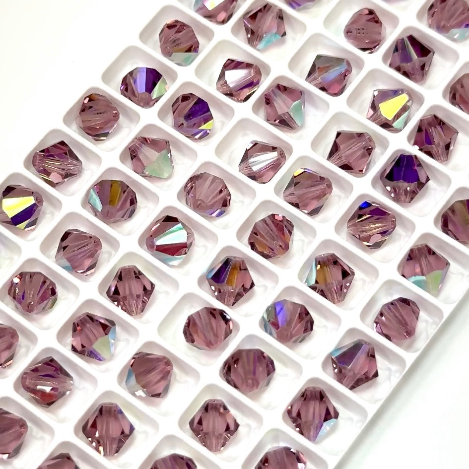 Light Amethyst AB Czech Glass Beads, Machine Cut Bicones (MC Rondell, Diamond Shape), light purple crystals coated with Aurora Borealis 8mm 12mm