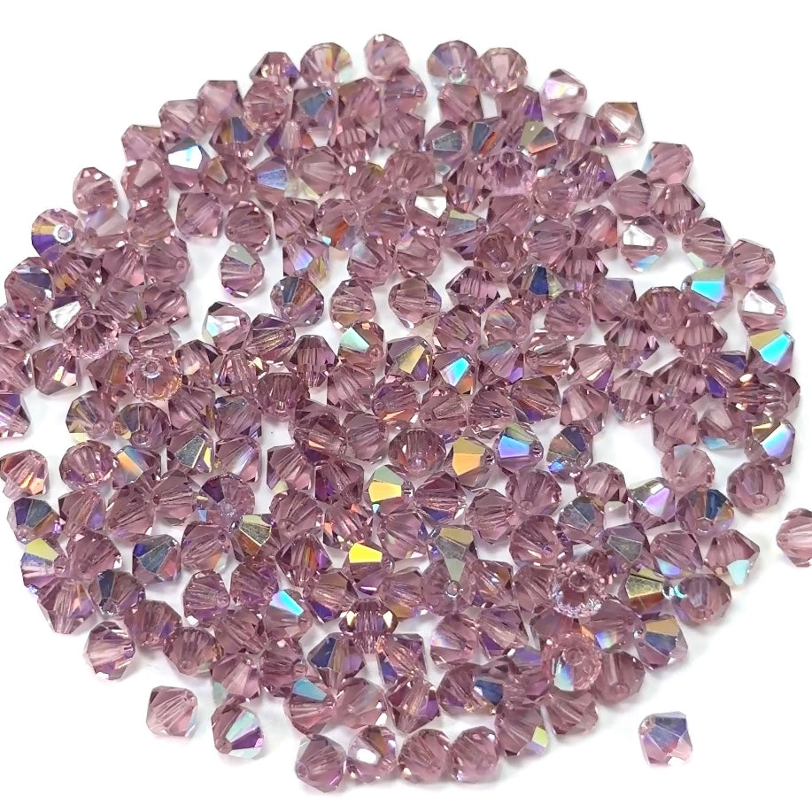 Light Amethyst AB Czech Glass Beads, Machine Cut Bicones (MC Rondell, Diamond Shape), light purple crystals coated with Aurora Borealis 8mm 12mm