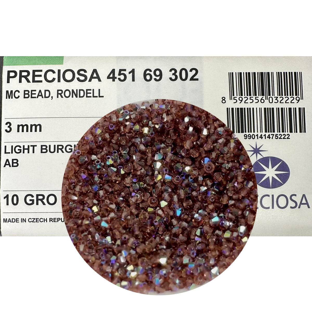 Light Burgundy AB, Czech Glass Beads, Machine Cut Bicones (MC Rondell, Diamond Shape), Preciosa purple red crystals coated with Aurora Borealis, 3mm, 5mm, 8mm