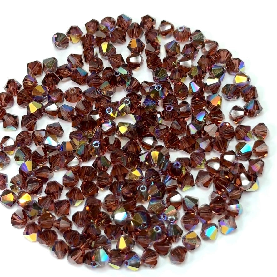 Light Burgundy AB, Czech Glass Beads, Machine Cut Bicones (MC Rondell, Diamond Shape), Preciosa purple red crystals coated with Aurora Borealis, 3mm, 5mm, 8mm