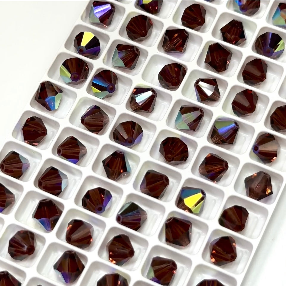Light Burgundy AB, Czech Glass Beads, Machine Cut Bicones (MC Rondell, Diamond Shape), Preciosa purple red crystals coated with Aurora Borealis, 3mm, 5mm, 8mm