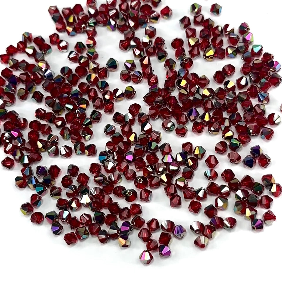 Light Siam Vitrail coated Czech Glass Beads Machine Cut Bicones (MC Rondell Diamond Shape) light red crystals coated with Vitrail Medium 3mm 4mm 6mm