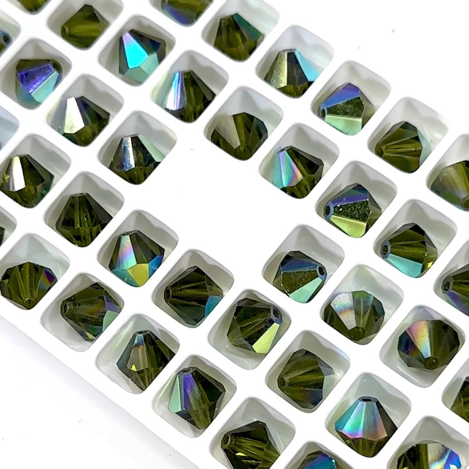 Olivine AB Czech Glass Beads Machine Cut Bicones MC Rondell Diamond Shape olive green crystals coated with Aurora Borealis 4mm 5mm 10mm 12mm