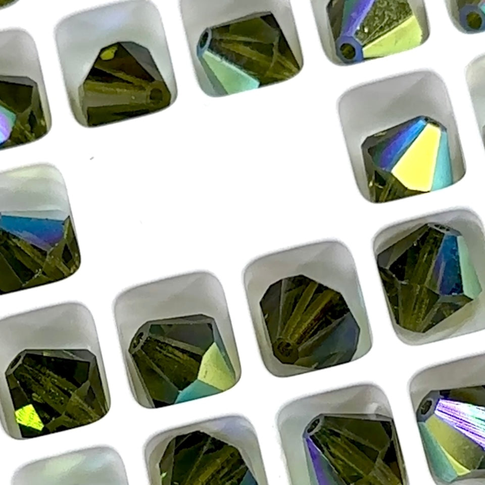 Olivine AB Czech Glass Beads Machine Cut Bicones MC Rondell Diamond Shape olive green crystals coated with Aurora Borealis 4mm 5mm 10mm 12mm