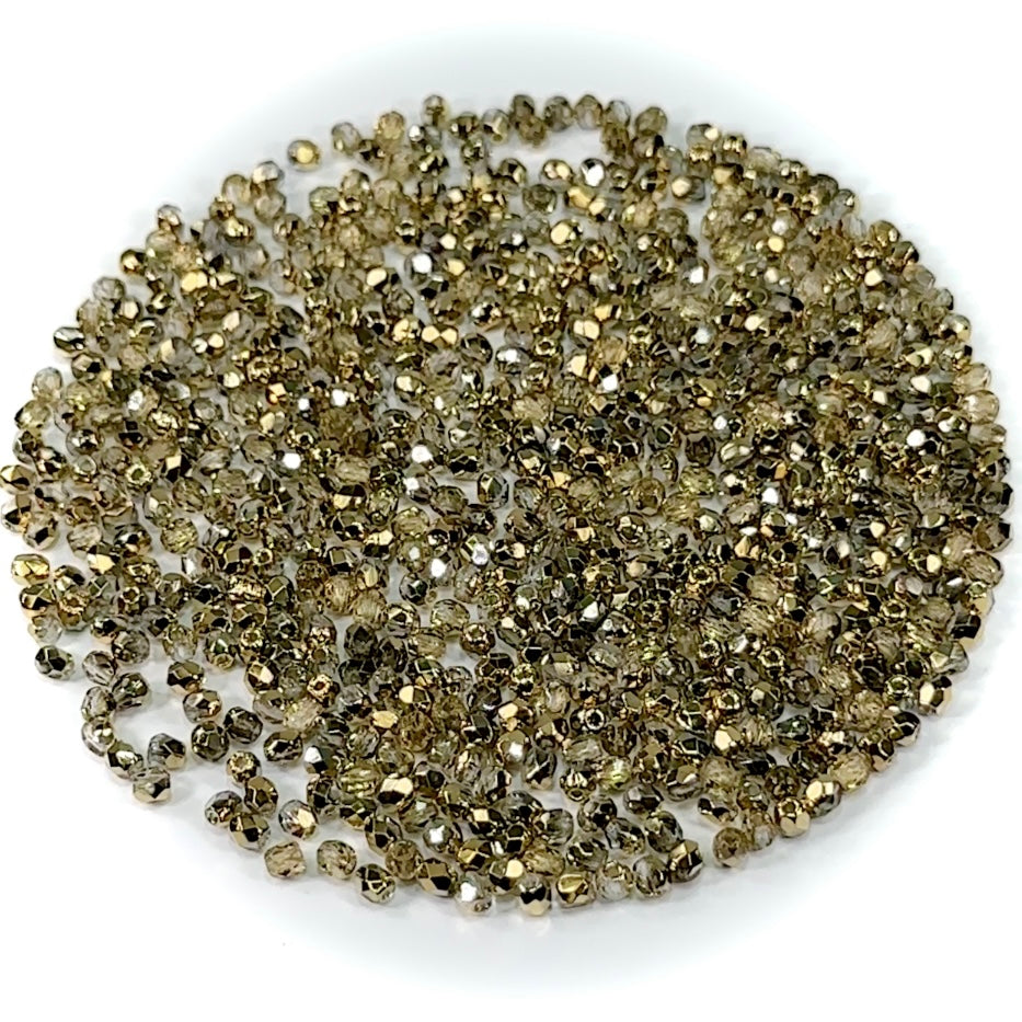 Crystal Amber 2-sided Gold coated, Czech Fire Polished Round Faceted Glass Beads, 16 inch strand