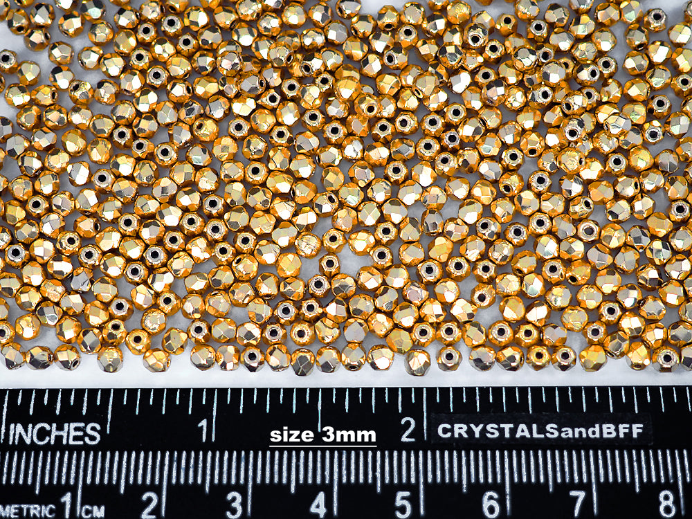 Crystal Aurum 2X Gold Czech Fire Polished Round Faceted Glass Beads Full Golden Aurum2X in sizes 3mm 4mm 6mm