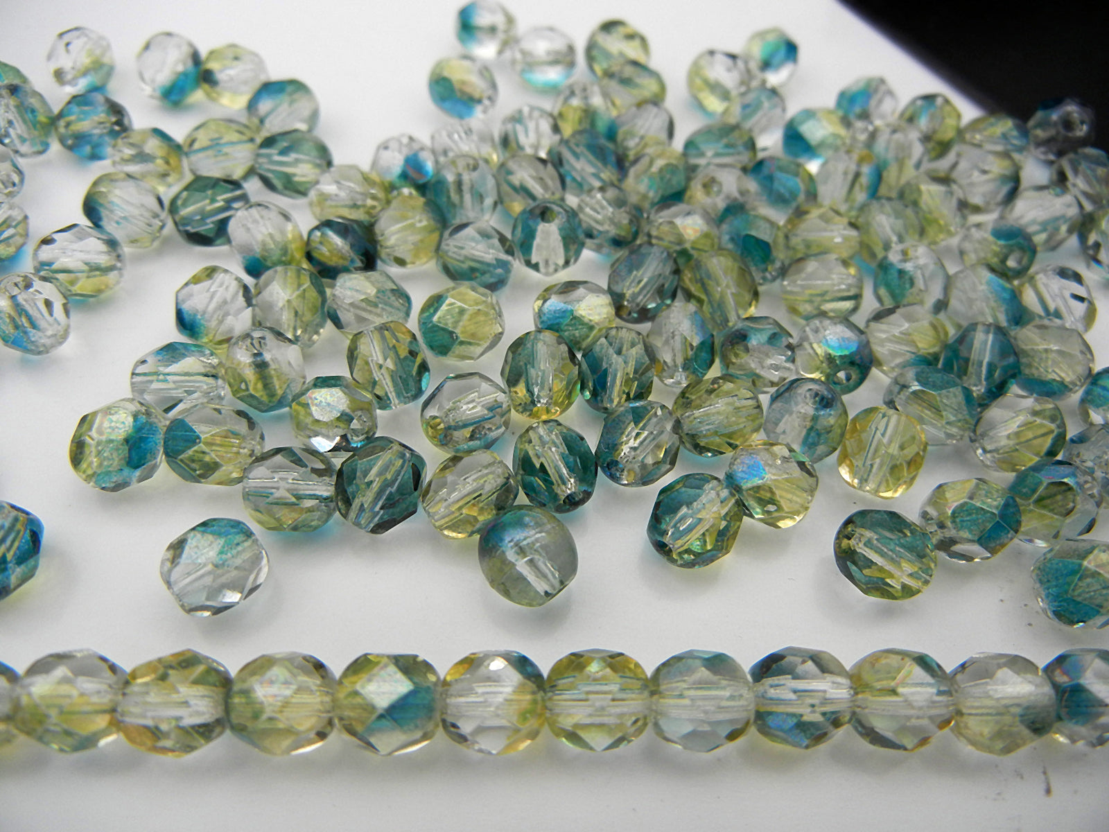 Crystal Oceanic Luster coated, Czech Fire Polished Round Faceted Glass Beads, clear-green-yellow