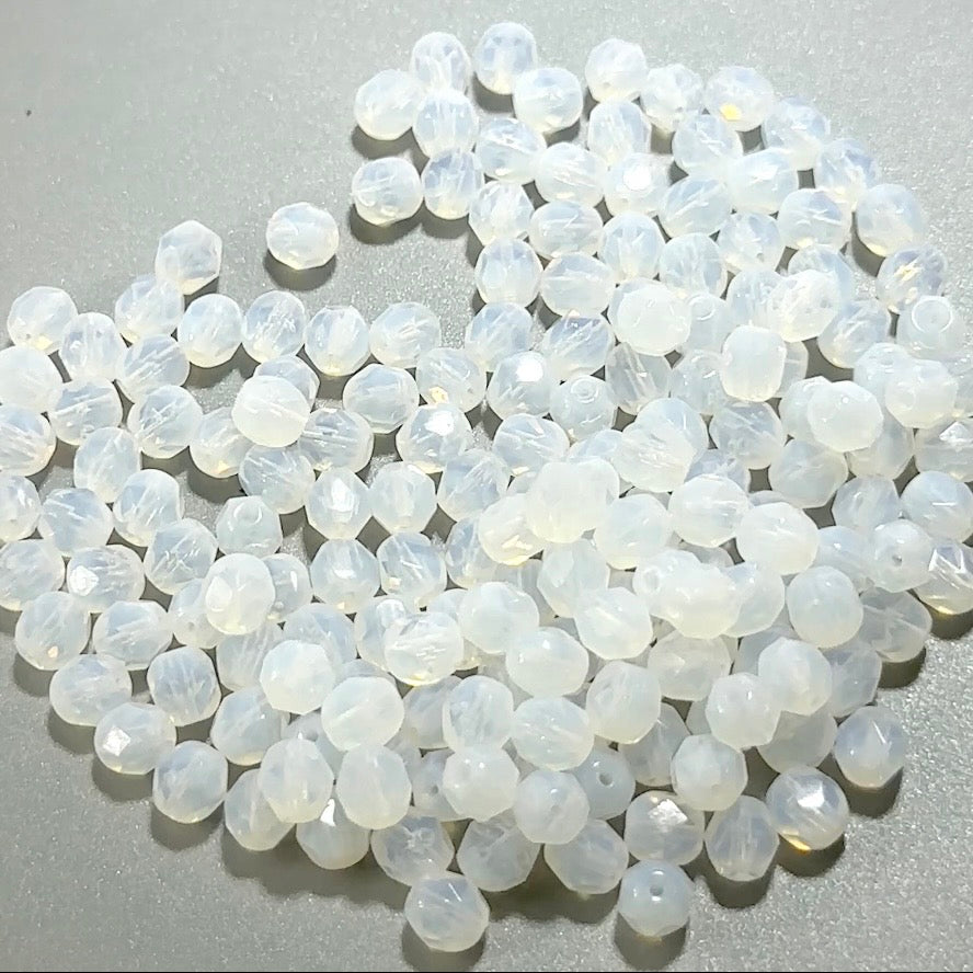 White Opal milky Czech Fire Polished Round Faceted Glass Beads 4mm - 14mm