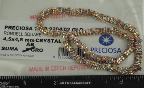 144 Preciosa Genuine Czech Rhinestone Squaredelles 4.5mm Crystal AB Gold Plated (Squaredelle, Square Rondelle)