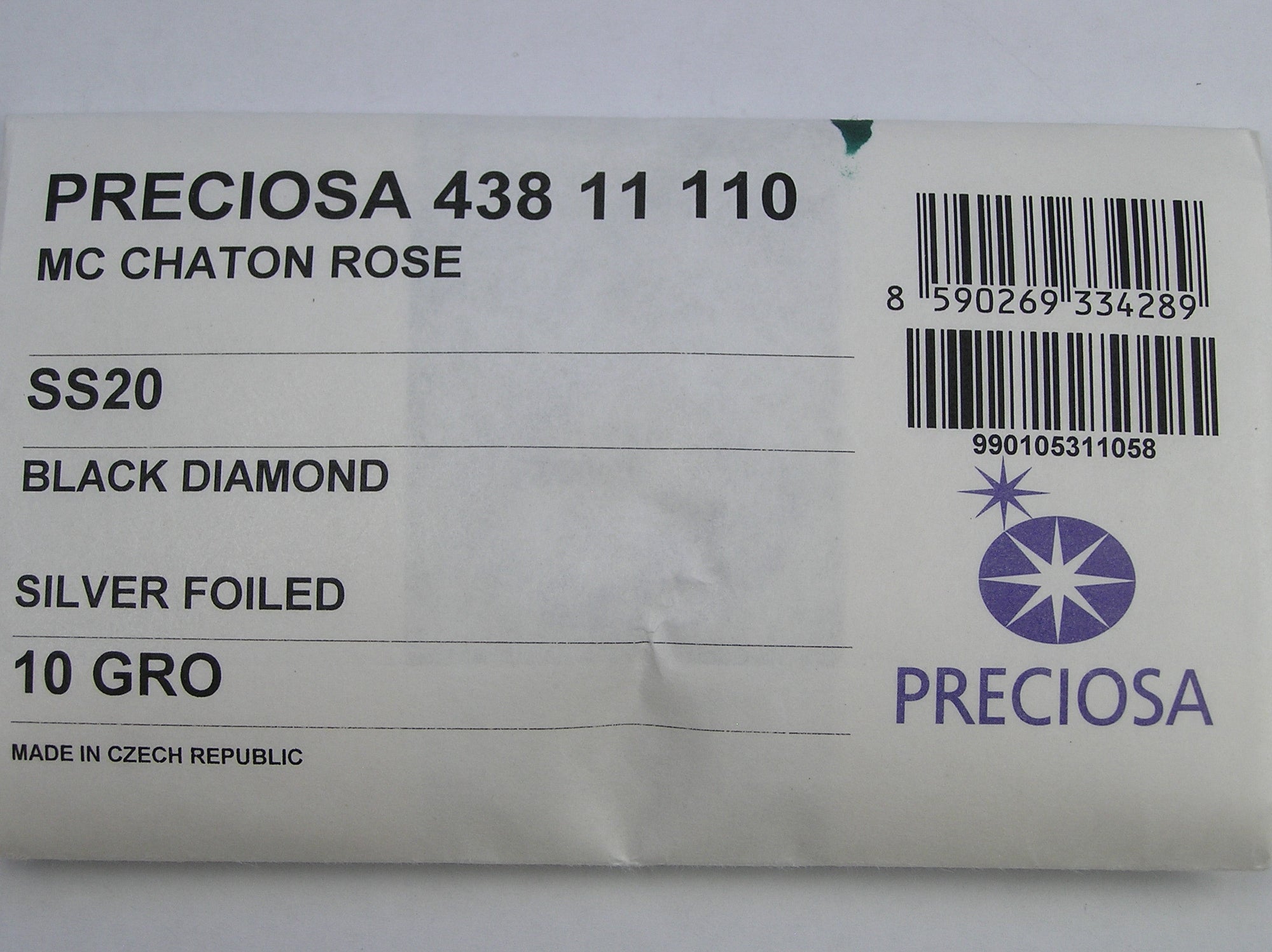 Black Diamond, Preciosa 8-faceted Chaton Roses Article 438-11-110 (8-ft Rhinestone Flatbacks), Genuine Czech Crystals, grey