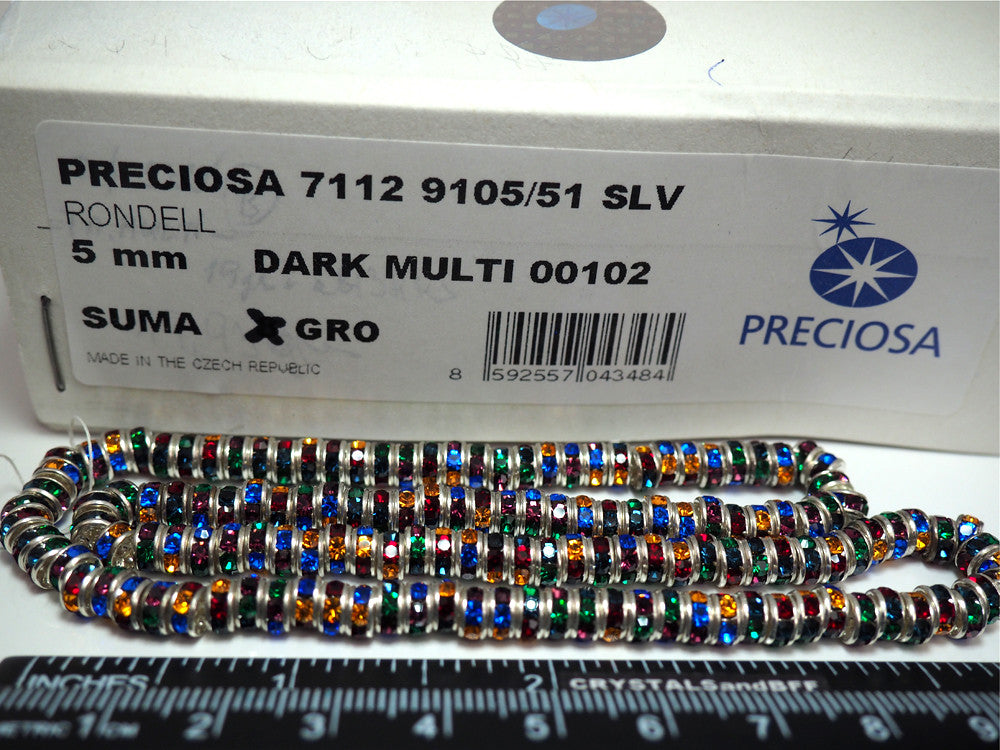 144 Preciosa Genuine Czech Rhinestone Rondelles 5mm Dark Multi Stones, Silver Plated spacers