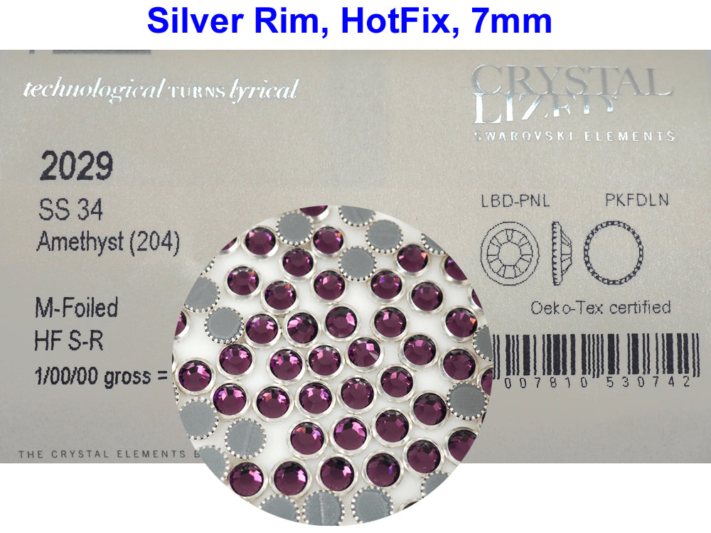 Swarovski Art.# 2029HF - Amethyst Silver Rimmed HotFix Rhinestone Flatbacks, 7mm 34ss ss34