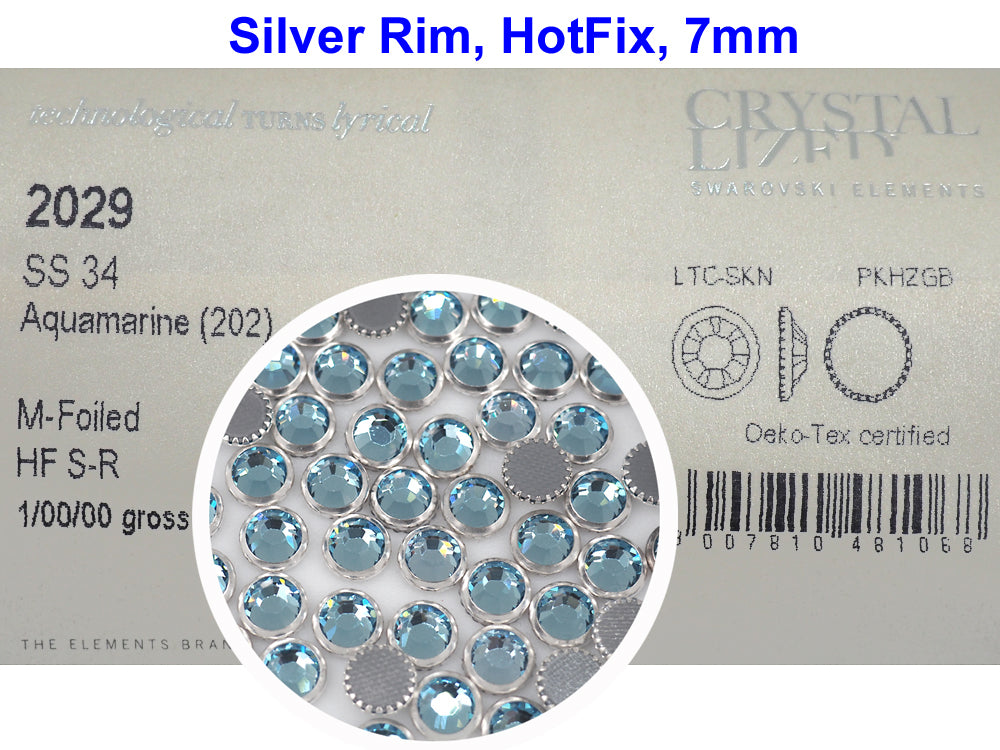 Swarovski Art.# 2029HF - Aquamarine Silver Rimmed HotFix Rhinestone Flatbacks, 7mm 34ss ss34