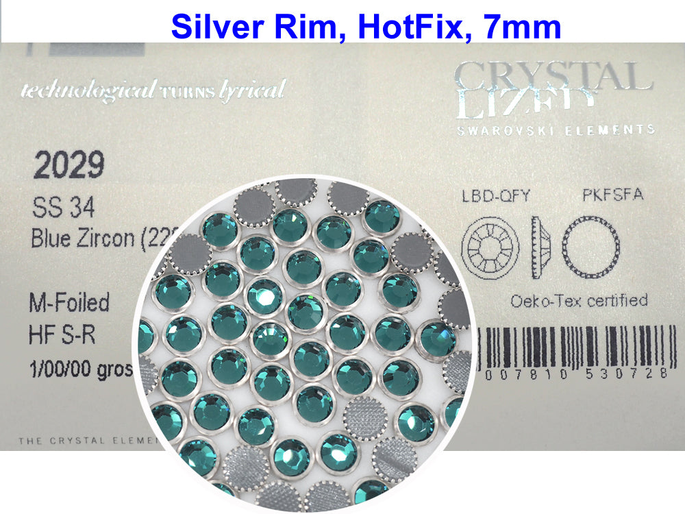 Swarovski Art.# 2029HF - Blue Zircon Silver Rimmed HotFix Rhinestone Flatbacks, 7mm 34ss ss34