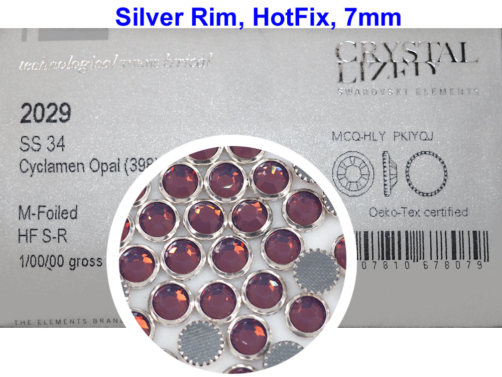 Swarovski Art.# 2029HF - Cyclamen Opal Silver Rimmed HotFix Rhinestone Flatbacks, 7mm 34ss ss34