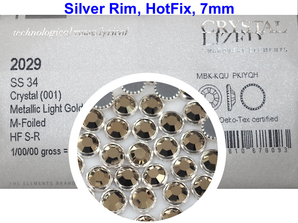 Swarovski Art.# 2029HF - Crystal Metallic Light Gold coated, Silver Rimmed HotFix Rhinestone Flatbacks, 7mm 34ss ss34