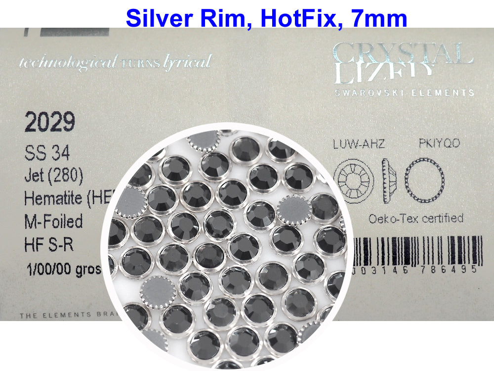 Swarovski Art.# 2029HF - Jet Hematite coated, Silver Rimmed HotFix Rhinestone Flatbacks, 7mm 34ss ss34