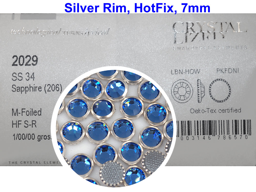 Swarovski Art.# 2029HF - Sapphire Silver Rimmed HotFix Rhinestone Flatbacks, 7mm 34ss ss34