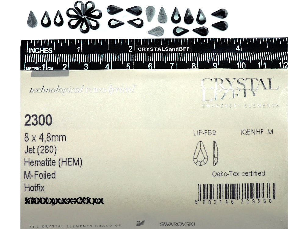 Swarovski Art.# 2300 HF - Jet Hematite HotFix Drop Flat Back Rhinestones, size 8x4.8mm, Teardrop Iron-on Stones
