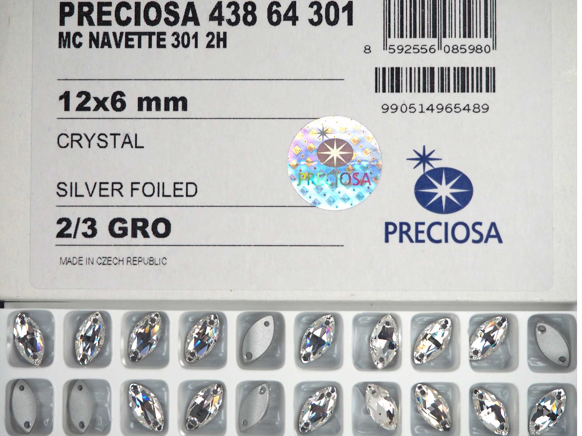 Crystal , Preciosa Czech MC Navette 2-hole Flatback Sew-on Stones Style #438-64-301 Silver Foiled, size 12x6mm, 24pcs, P831