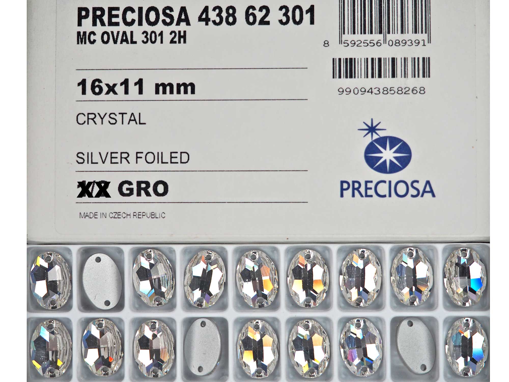 Crystal , Preciosa Czech MC Oval 2-hole Flatback Sew-on Stones Style #438-62-301 Silver Foiled, size 16x11mm, 12pcs, P832