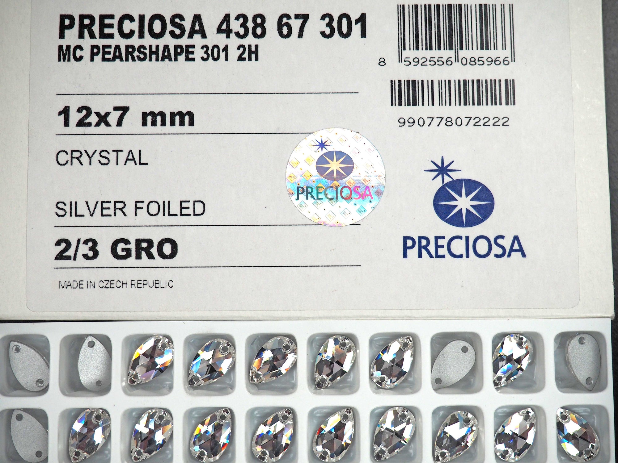 Crystal , Preciosa Czech MC Pearshape 2-hole Flatback Sew-on Stones Style #438-67-301 Silver Foiled, size 12x7mm, 24pcs, P833