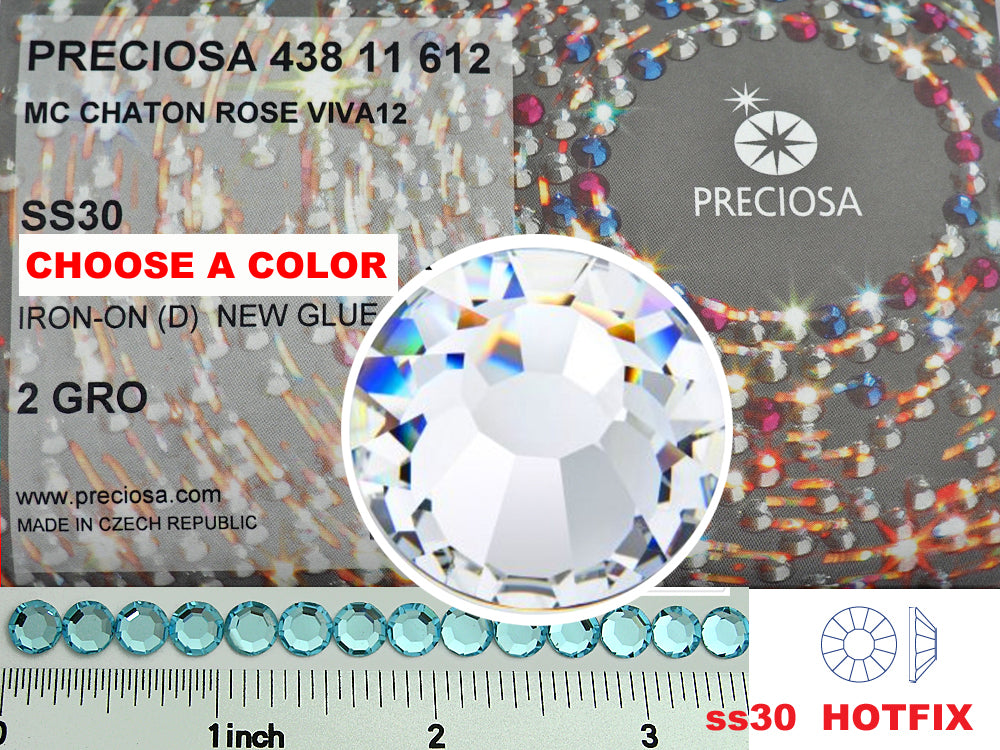 30ss HOTFIX, CHOOSE A COLOR, 288 pieces of Preciosa VIVA Iron-on Flatbacks, Genuine Czech Crystals in size 6.5mm, ss30