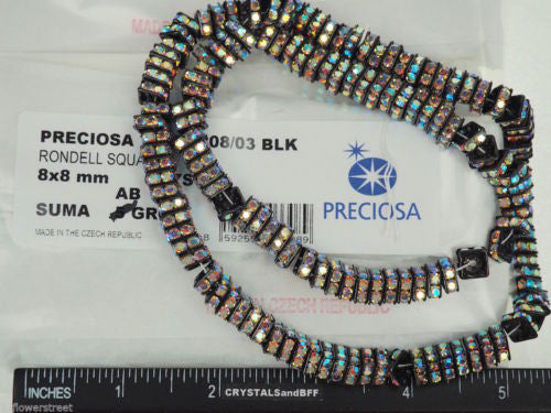 144 Preciosa Genuine Czech Rhinestone Squaredelles 8mm Crystal AB Black Plated (Squaredelle, Square Rondelle)
