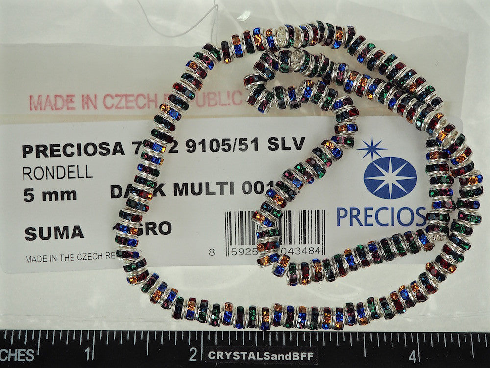 144 Preciosa Genuine Czech Rhinestone Rondelles 5mm Dark Multi Stones, Silver Plated spacers