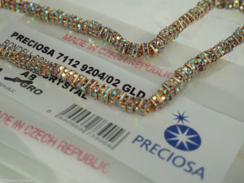 144 Preciosa Genuine Czech Rhinestone Squaredelles 4.5mm Crystal AB Gold Plated (Squaredelle, Square Rondelle)