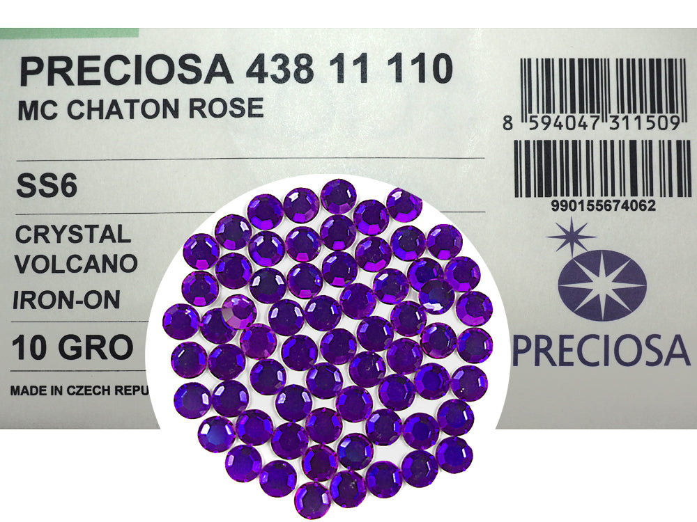 Crystal Volcano HOTFIX, size ss6 Preciosa Chaton Roses Article 438-11-110 (8-faceted MC Rhinestone Iron-on Flatbacks), Genuine Czech Crystals, multi-color coated and Iron On Hot Fix Glue