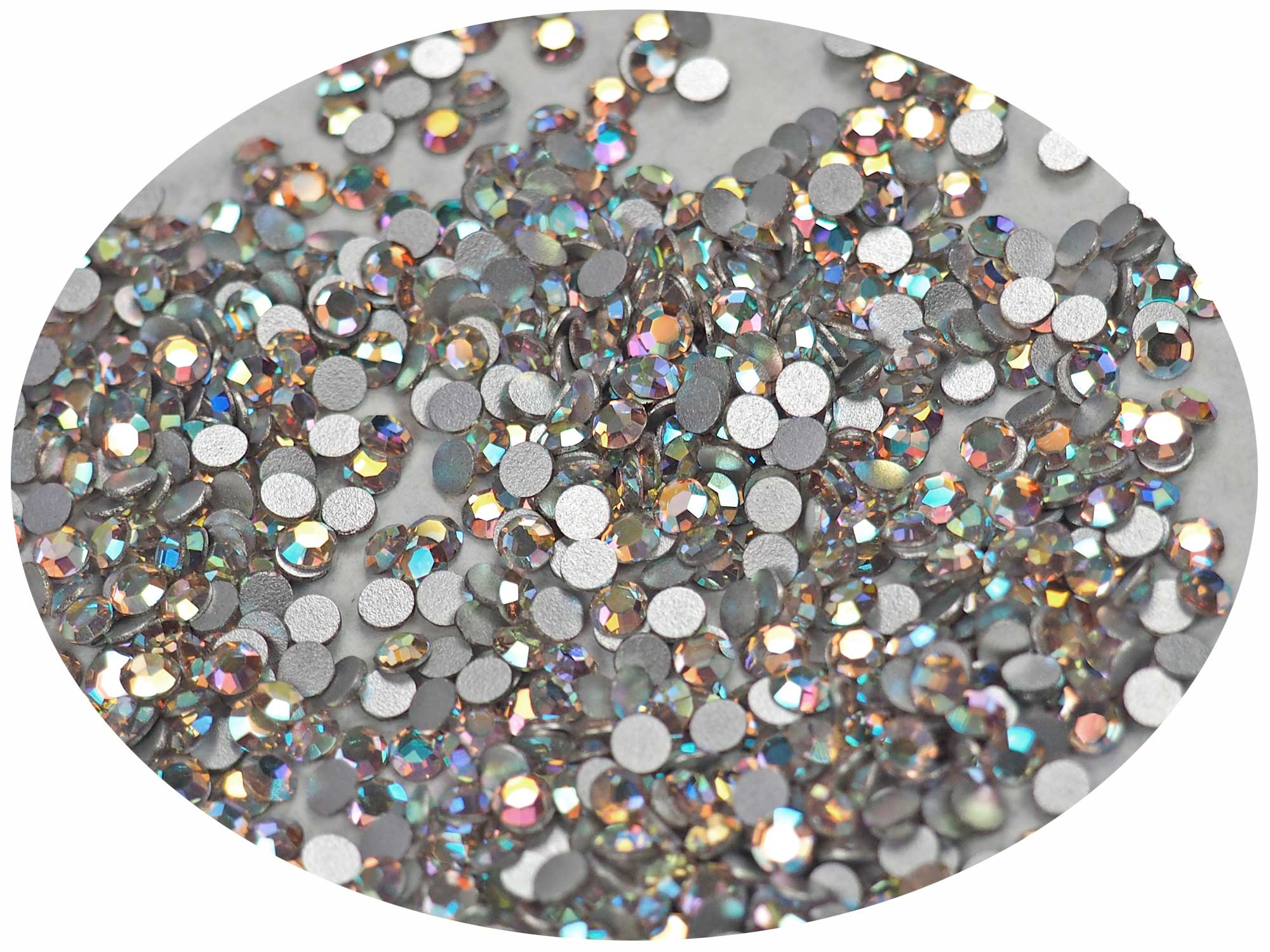 Crystal AB  , Preciosa 8-faceted Chaton Roses Article 438-11-110 (8-ft Rhinestone Flatbacks), Genuine Czech Crystals, clear coated with Aurore Boreale