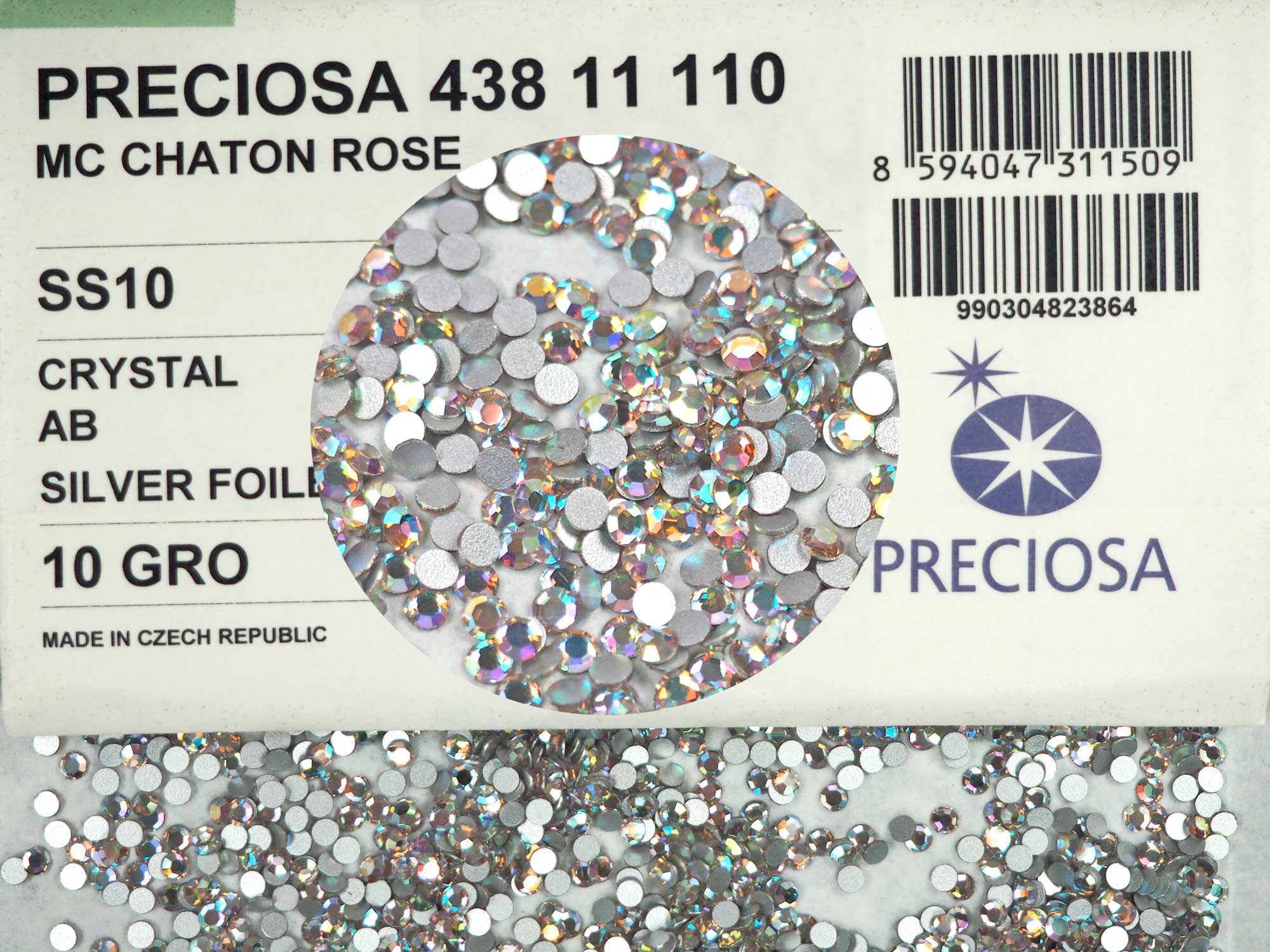 Crystal AB  , Preciosa 8-faceted Chaton Roses Article 438-11-110 (8-ft Rhinestone Flatbacks), Genuine Czech Crystals, clear coated with Aurore Boreale