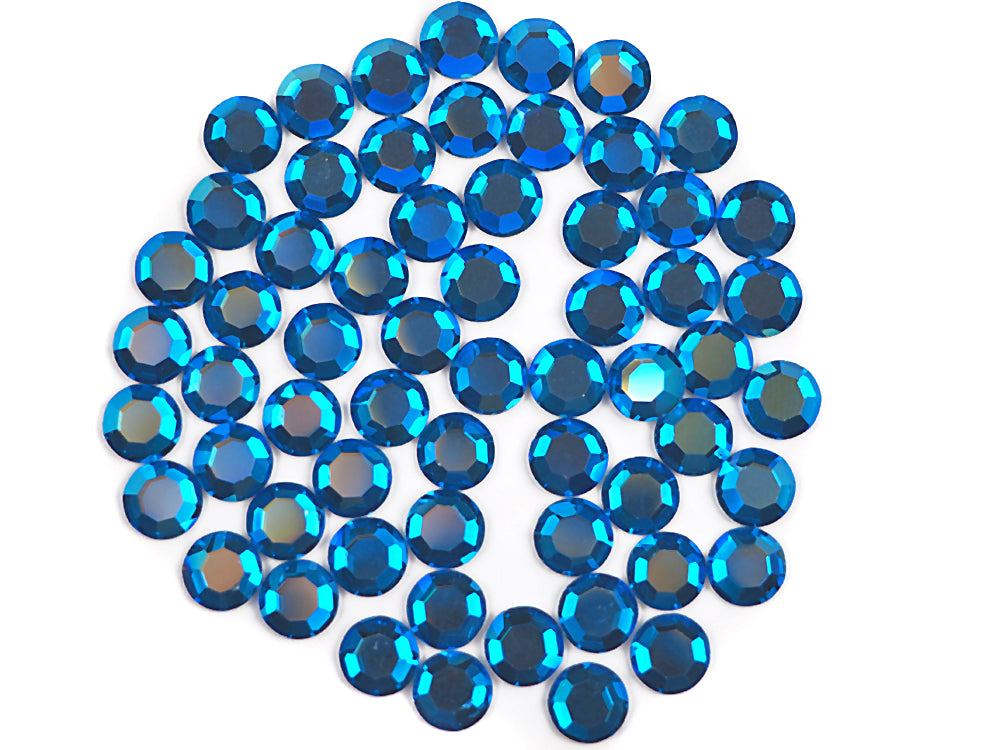 Capri Blue AB, Preciosa 8-faceted Chaton Roses Article 438-11-110 (8-ft Rhinestone Flatbacks), Genuine Czech Crystals, blue coated with Aurore Boreale