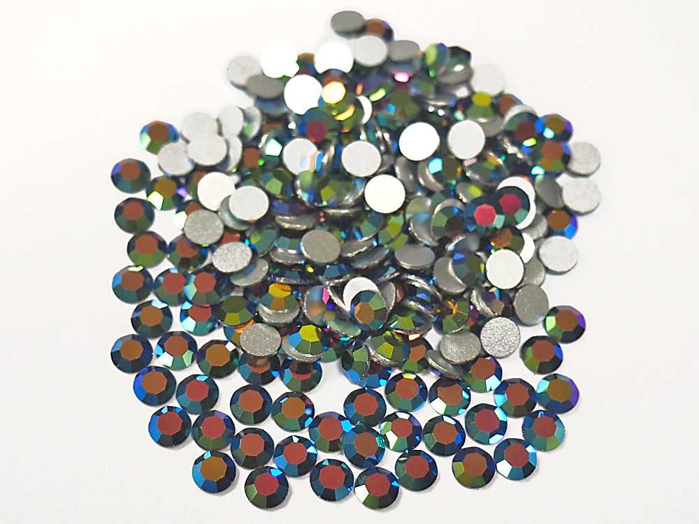 Crystal Vitrail Metallic, Preciosa 8-faceted Chaton Roses Article 438-11-110 (8-ft Rhinestone Flatbacks), Genuine Czech Crystals, multi green rainbow