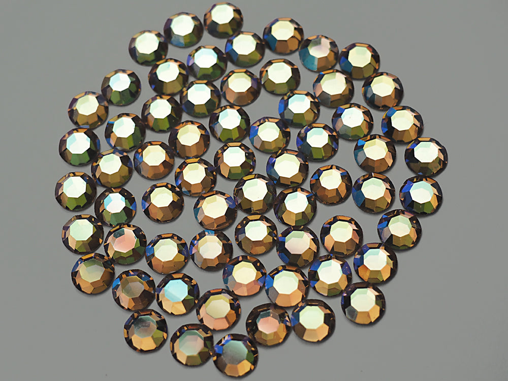 Light Colorado Topaz AB, Preciosa 8-faceted Chaton Roses Article 438-11-110 (8-ft Rhinestone Flatbacks), Genuine Czech Crystals, brown coated with Aurore Boreale