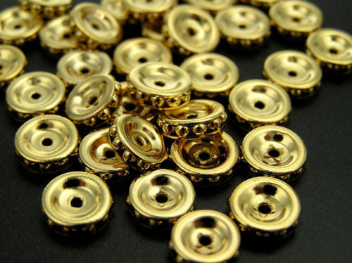 16 Vintage Czechoslovakian metallic rondelles in size 8mm, Gold on Gold plated, UNIQUE spacers