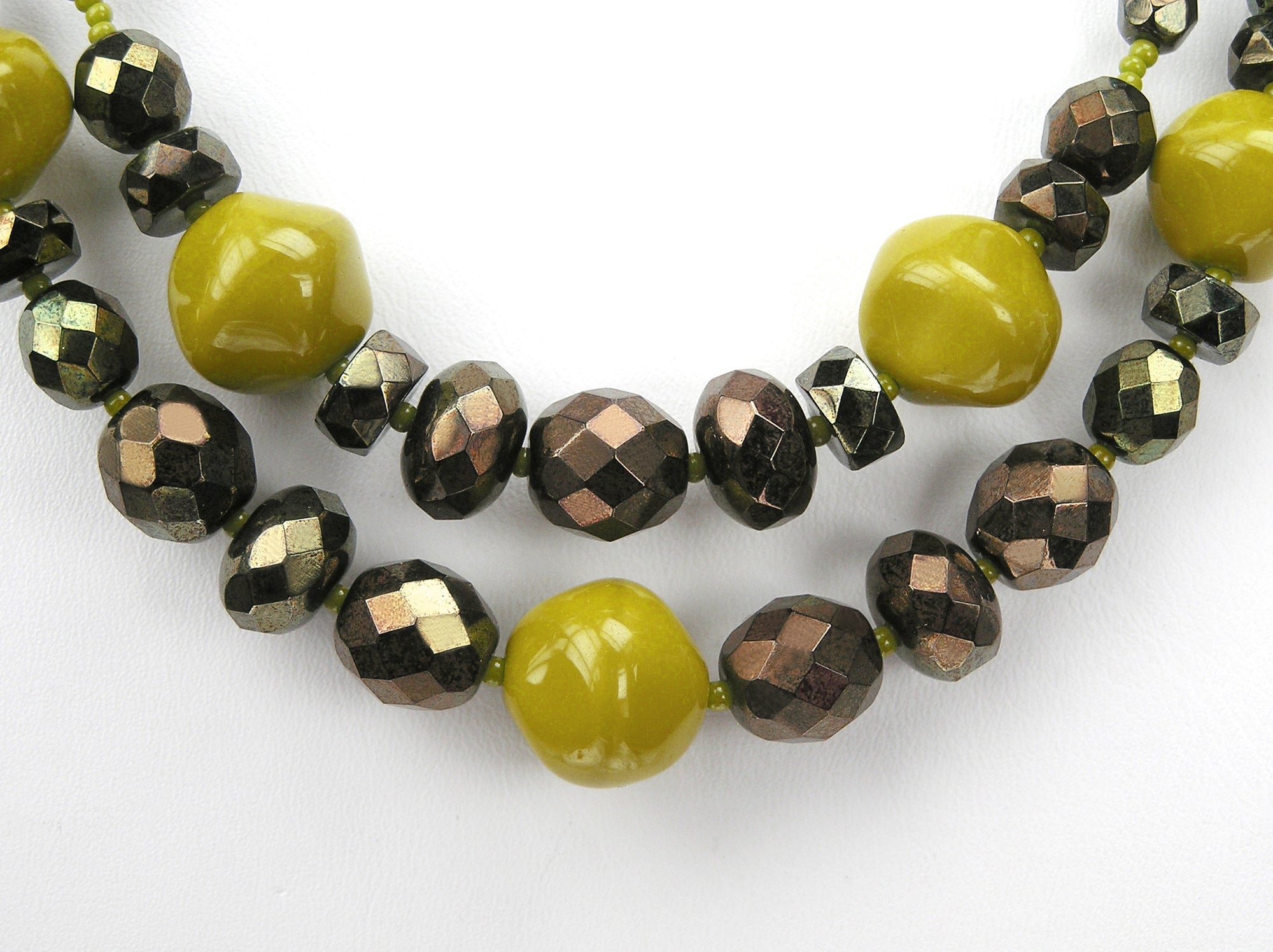 15.5 Inch Handmade Olive Green Metallic Czech Glass 2-Row Necklace