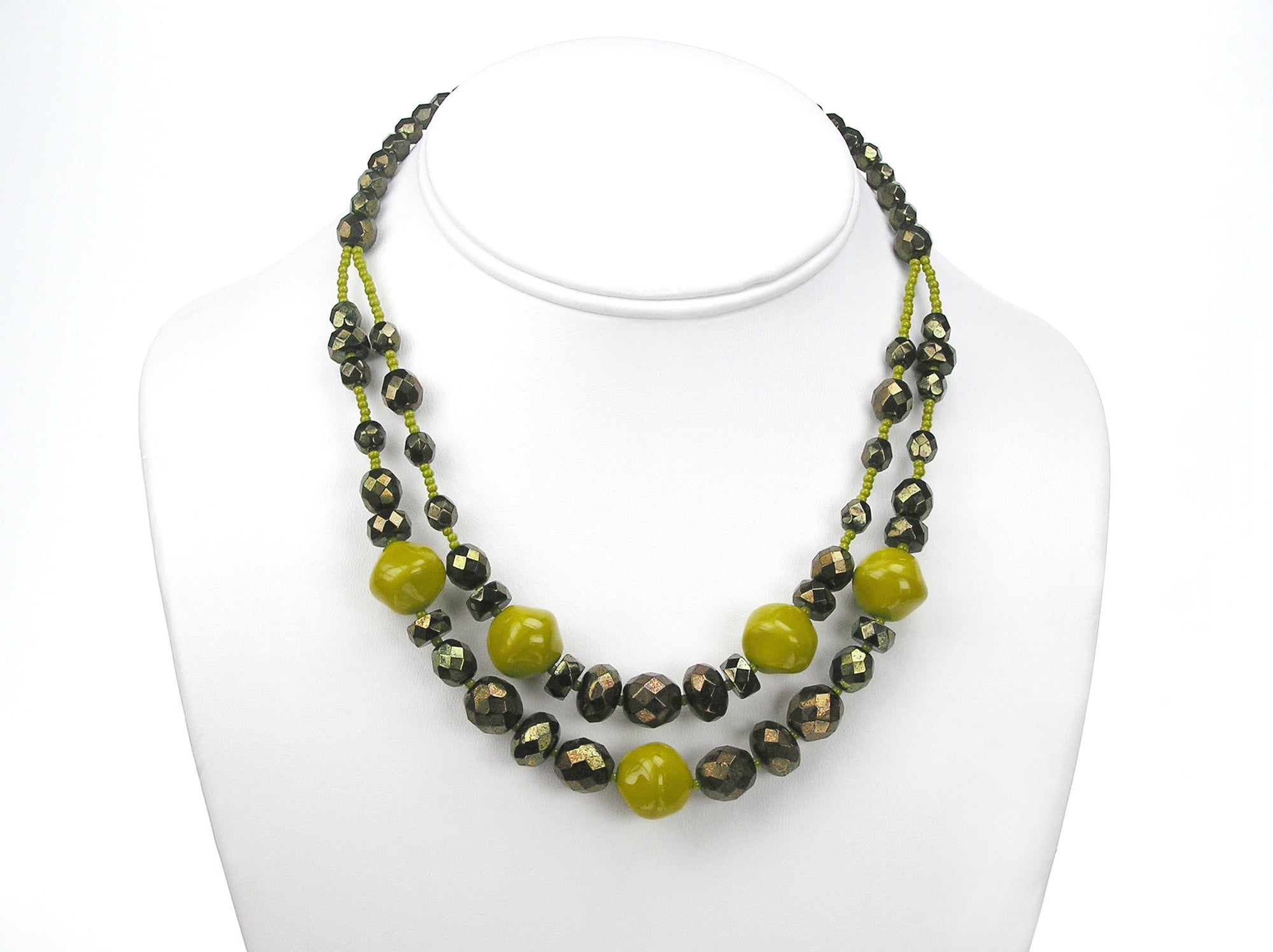 15.5 Inch Handmade Olive Green Metallic Czech Glass 2-Row Necklace