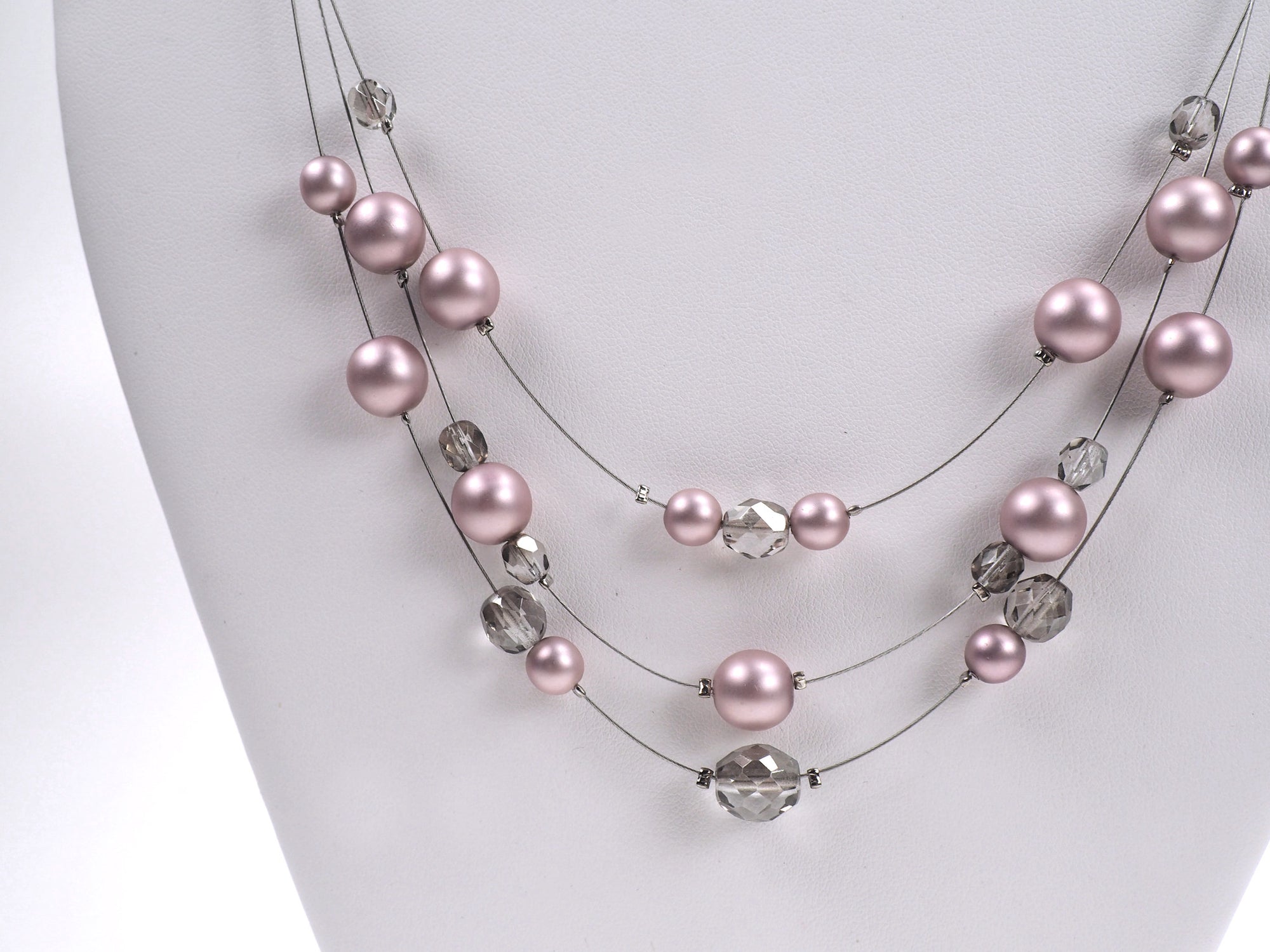 16 Inch 3-Row Handmade Czech Glass Powder Rose Pearl Necklace