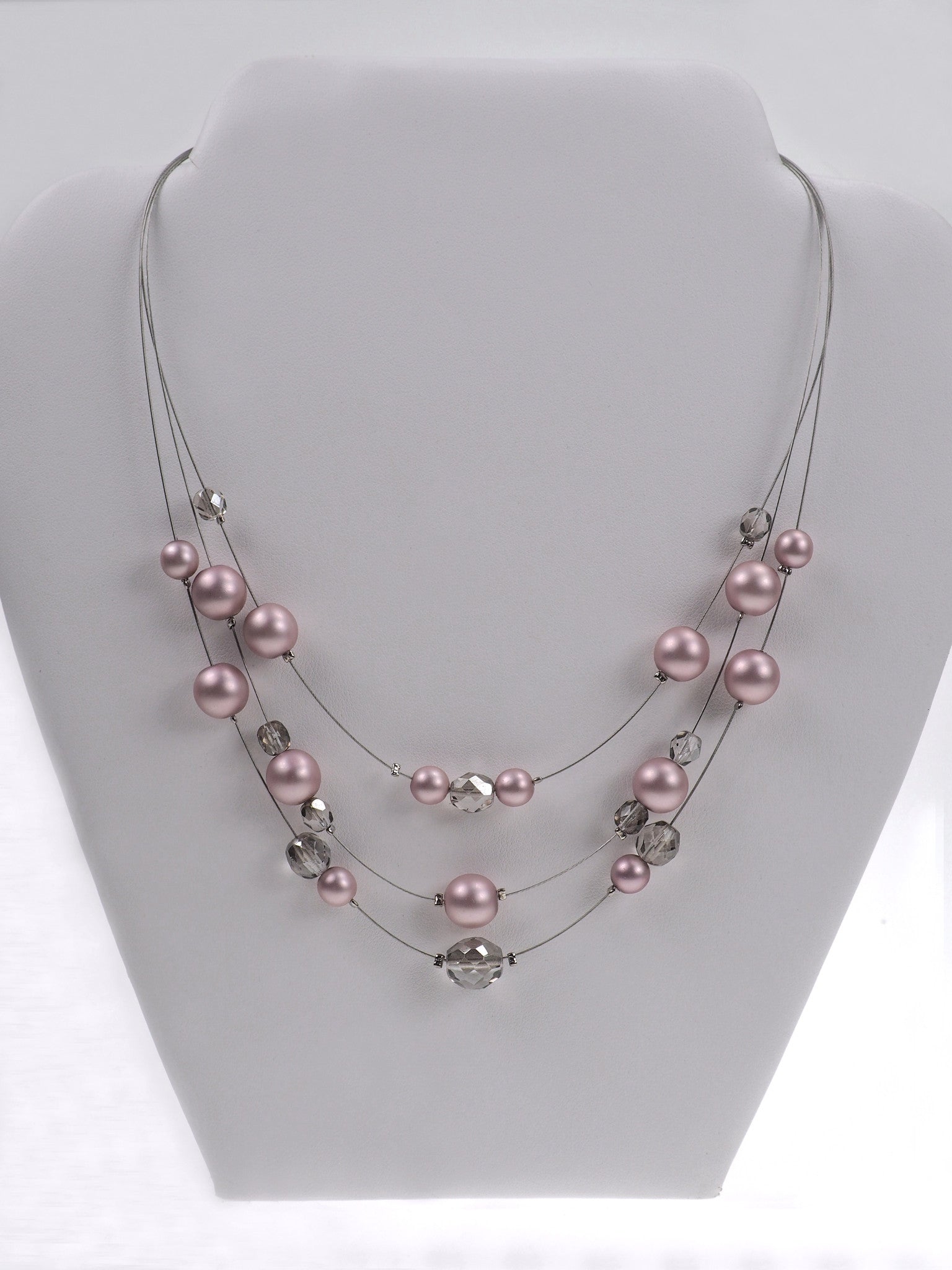 16 Inch 3-Row Handmade Czech Glass Powder Rose Pearl Necklace